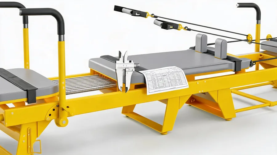 7 common mistakes when buying pilates reformers wholesale from china 1 Detail of a wholesale reformer inspection with calipers and spec sheet