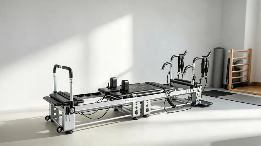 Pilates reformer for yoga studios: a new revenue stream 1 Detail of a reformer and yoga mat sharing the same studio corner
