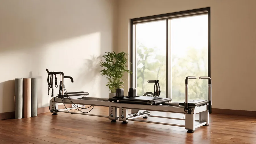 K11 reformer beside yoga mats in a serene yoga studio
