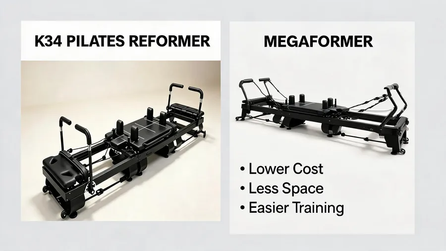 Pilates reformer vs lagree megaformer: which builds a better studio? 2 Pilates reformer vs megaformer comparison infographic with cost, space and training points