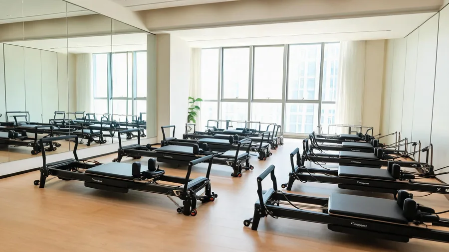 Pilates reformer with tower guide cover with multi-functional K34 reformer in a bright studio
