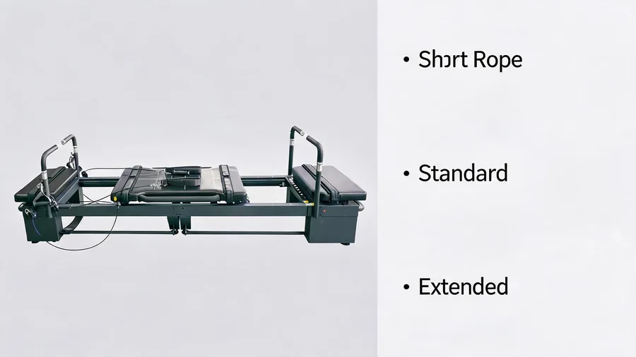 Pilates reformer rope length guide: standard vs extended for different heights 2 Pilates reformer rope length infographic: short rope, standard, extended settings