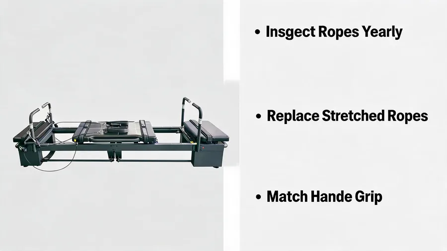 Pilates reformer ropes and straps: complete replacement guide 2 Reformer ropes and straps replacement infographic covering yearly inspection, stretched ropes and handle grip