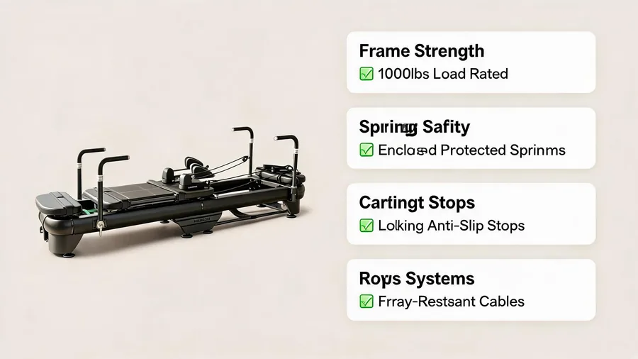Pilates reformer safety standards: what to look for in commercial equipment 2 Pilates reformer safety standards infographic with frame, springs, carriage stops and ropes