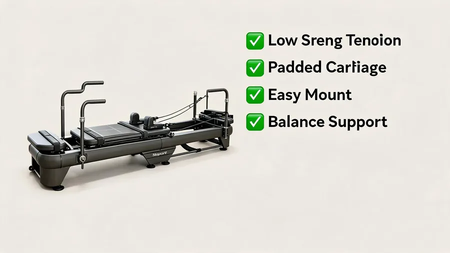 Pilates reformer for seniors: equipment adaptations and low-impact workouts 2 Senior pilates reformer infographic with low tension, padded carriage and balance support points
