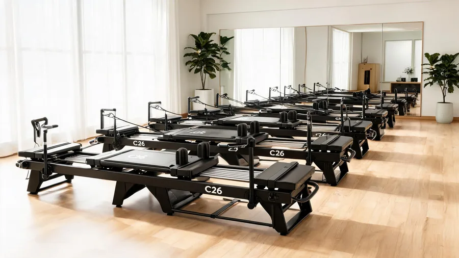 Small group pilates studio room with a row of C26 reformers configured for group classes