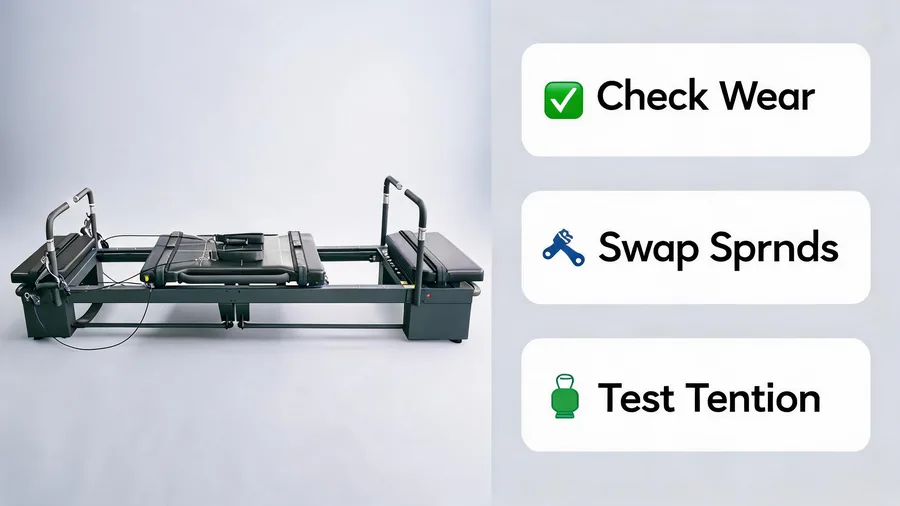 Pilates reformer spring replacement guide 2 Pilates reformer spring replacement infographic with wear check, swap and test steps