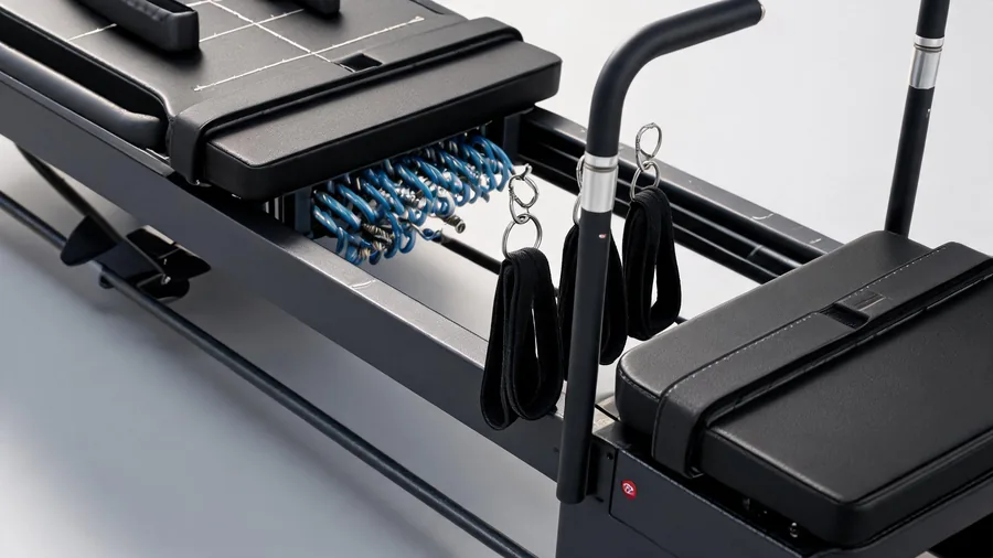 Pilates reformer storage solutions: complete guide to organizing springs, straps & accessories 1 Close-up of neatly coiled reformer springs and rolled straps on studio storage hooks