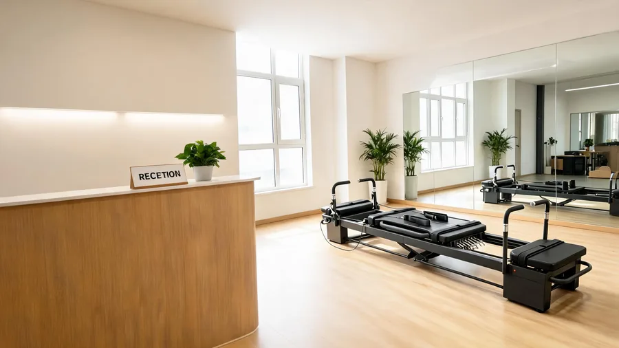 Reformer pilates membership pricing: how to set monthly rates for your studio 1 K30 reformer behind a bright pilates studio reception desk