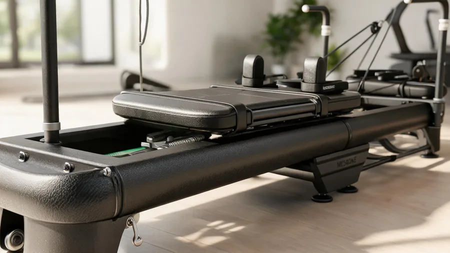 Best pilates reformer for studio use: what to look for 1 Close-up of a k38 studio reformer steel frame, carriage rails and bearings