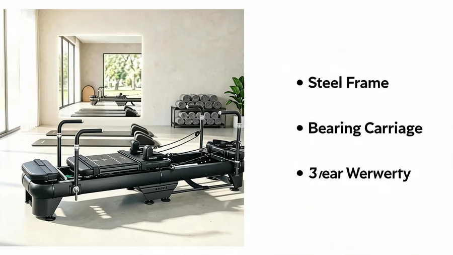 Best pilates reformer for studio use: what to look for 2 Best pilates reformer for studio use infographic covering steel frame, bearing carriage and warranty