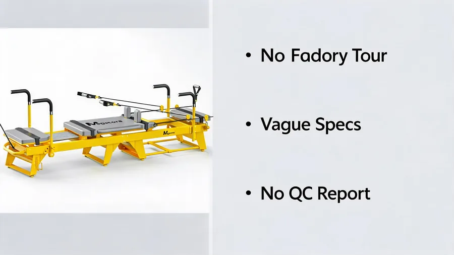 Pilates reformer supplier red flags: what to watch out for when sourcing from china 2 Pilates reformer supplier red flags infographic: no factory tour, vague specs, no qc report