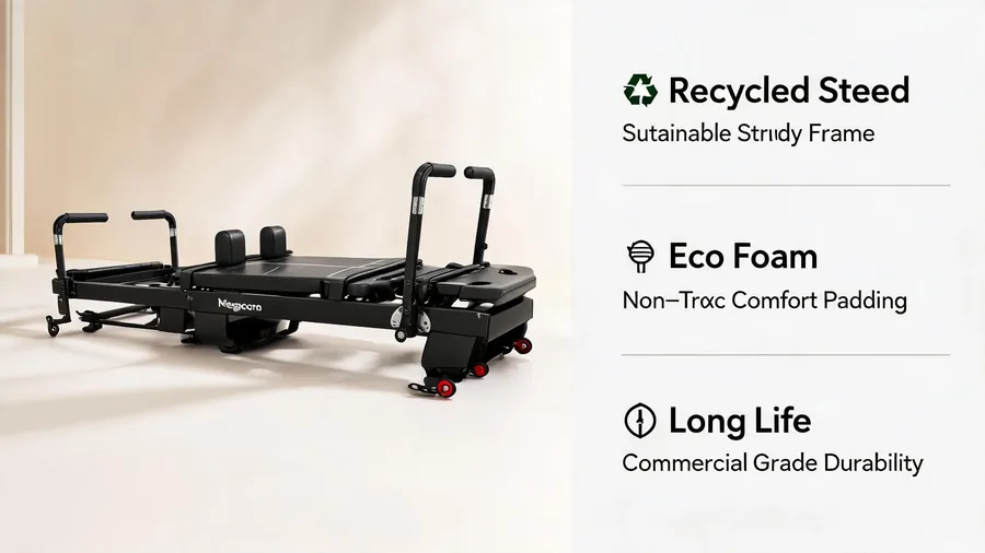 Sustainable pilates reformer: eco without compromise 2 Sustainable pilates reformer infographic: recycled steel, eco foam, long life