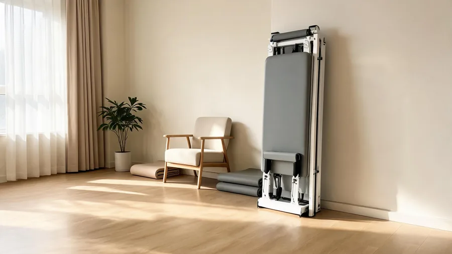 Pilates reformer for small spaces: room prep & setup guide 1 T07 pilates reformer folded and stored against the wall to save space