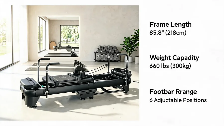 Pilates reformers for tall athletes: heavy duty guide 2 Pilates reformer for tall athletes infographic covering frame length, weight capacity and footbar range
