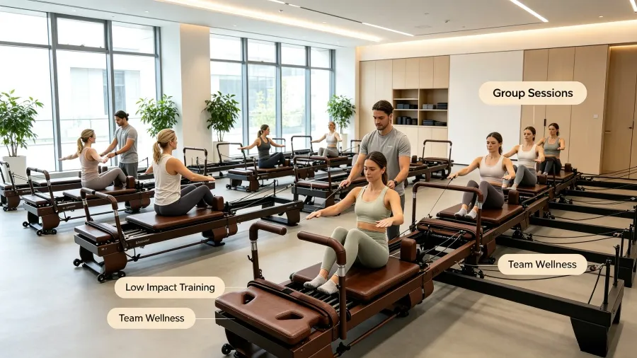 Pilates reformer for corporate wellness: office fitness programs 1 Employees doing low-impact pilates reformer training in a corporate fitness area