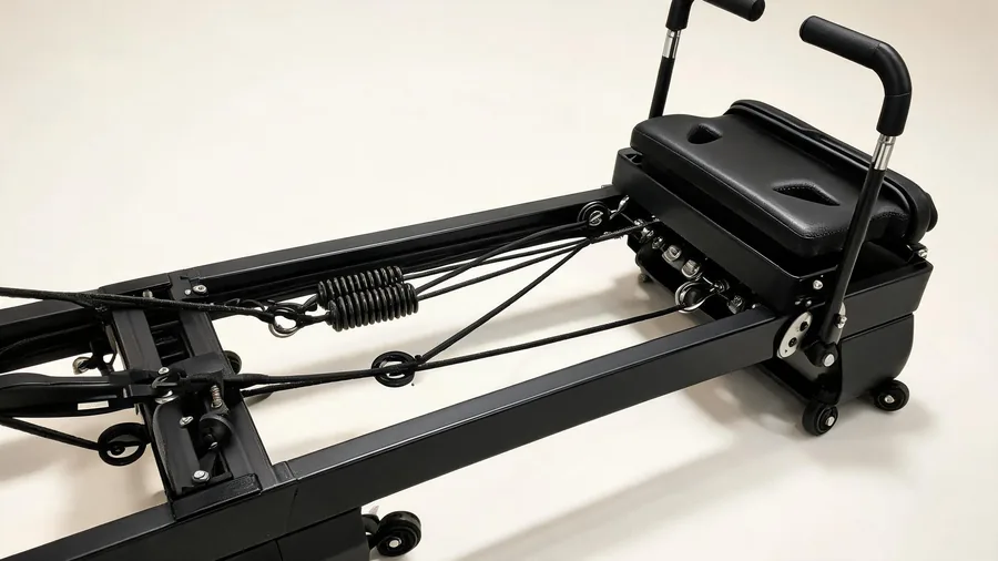 Reformer pulley strap and spring system close-up used for tower exercises