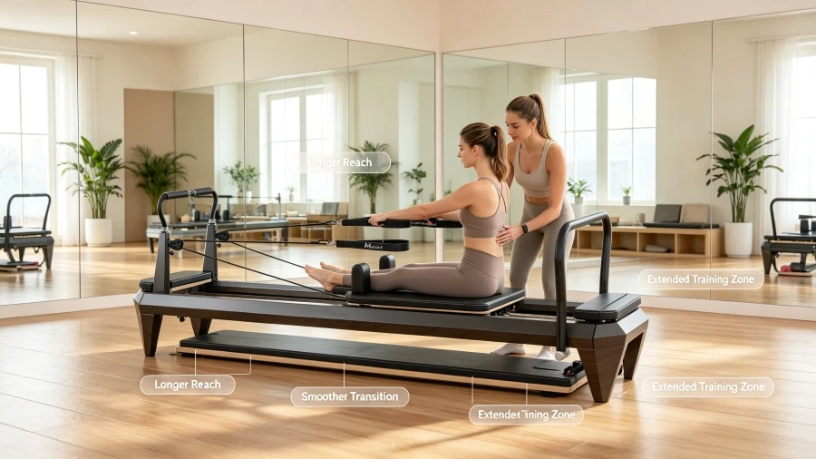 Pilates reformer platform extender: 12 new exercises 2 Coach and client using reformer platform extender for longer movement sequences