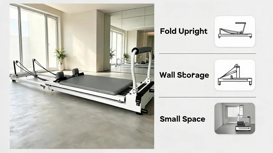 Pilates reformer wall mount and stand options: space-saving for small studios 2 Pilates reformer wall mount and stand infographic: fold upright, wall storage, small space