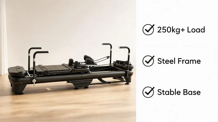 Pilates reformer weight capacity guide: why 250kg+ steel frames matter 2 Pilates reformer weight capacity infographic: 250kg load, steel frame, stable base