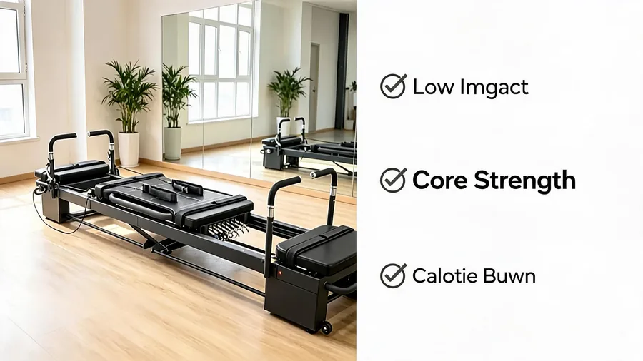 Pilates reformer for weight loss: science, workouts, and studio integration 2 Pilates reformer weight loss infographic: low impact, core strength, calorie burn