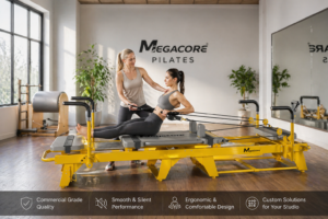 what reformer does club pilates use – Megacore custom pilates machines in a professional studio setting with instructor and client