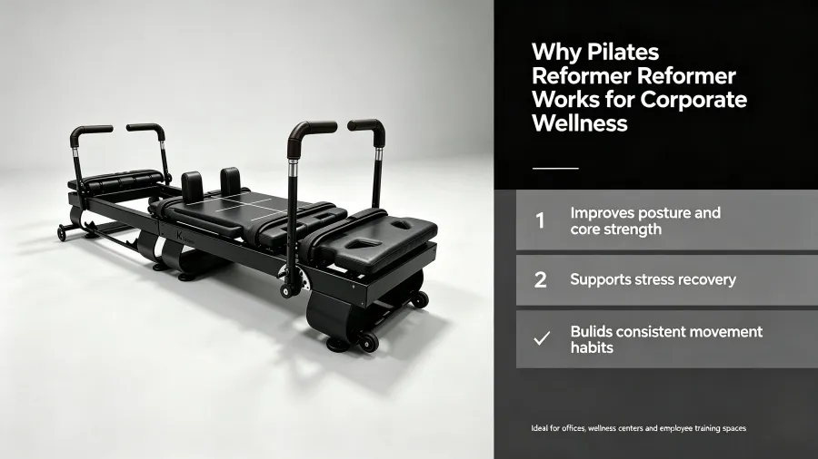Pilates reformer for corporate wellness: office fitness programs 2 Pilates reformer product with corporate wellness benefit points