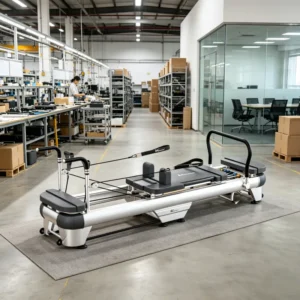 Buyer auditing pilates equipment factory with Megacore K20 reformers displayed, red flags to watch out for when sourcing direct pilates reformer manufacturers from China