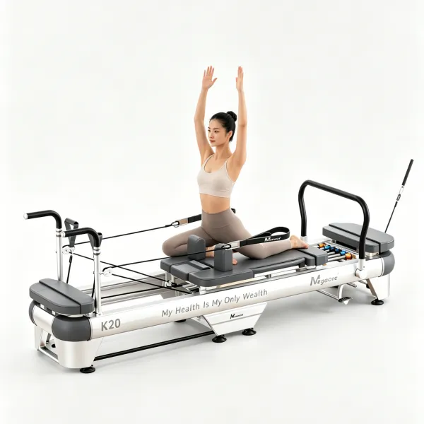 Annoying machine noise & broken springs? This pilates factory fixes commercial durability pain points 3 Female trainer doing stretch workout on megacore k20 quiet commercial pilates reformer inside high-traffic studio, no machine noise or spring breakage