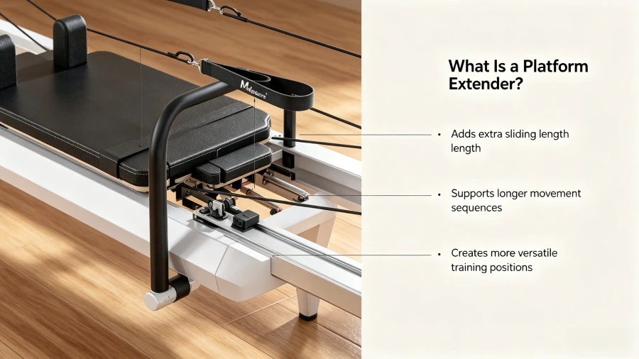 Pilates reformer platform extender: 12 new exercises 1 Close-up of reformer platform extender, sliding track, padding and connection components